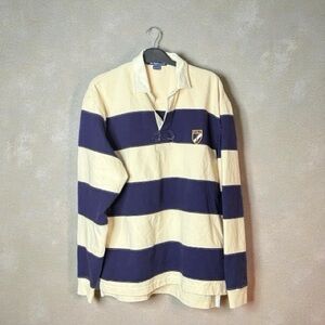 Polo by Ralph Lauren Men's Cream and Blue Striped Rugby Shirt Vtg Size S